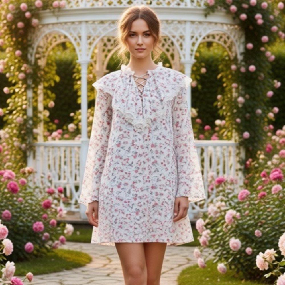 NWT ENDLESS ROSE x REVOLVE Floral Lace Up Ruffle Collar Mini Dress Cottagecore S